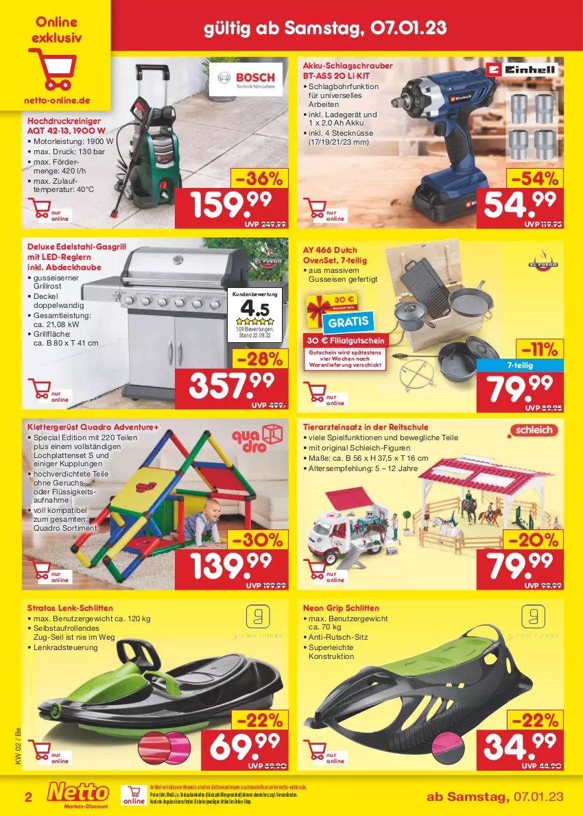 Aktueller Prospekt Netto Marken-Discount - Filial-Angebote - von 09.01 bis 14.01.2023 - strona 42 - produkty: abdeckhaube, akku, decke, Deckel, edelstahl, eis, elle, gasgrill, gin, grill, grillfläche, grillrost, gutschein, hochdruckreiniger, HP, ladegerät, latte, LG, ndk, quad, Quadro, reiniger, reis, Schleich, Schlitten, Ti, ZTE