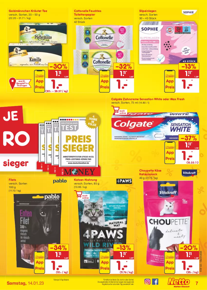 Aktueller Prospekt Netto Marken-Discount - Filial-Angebote - von 09.01 bis 14.01.2023 - strona 7 - produkty: angebot, bestpreis, colgate, cottonelle, creme, eis, elle, feuchtes toilettenpapier, filet, filets, Käse, katzensnack, kräuter, LG, Max Fresh, papier, reis, ring, slip, slipeinlagen, snack, tee, Ti, toilettenpapier, zahncreme, ZTE