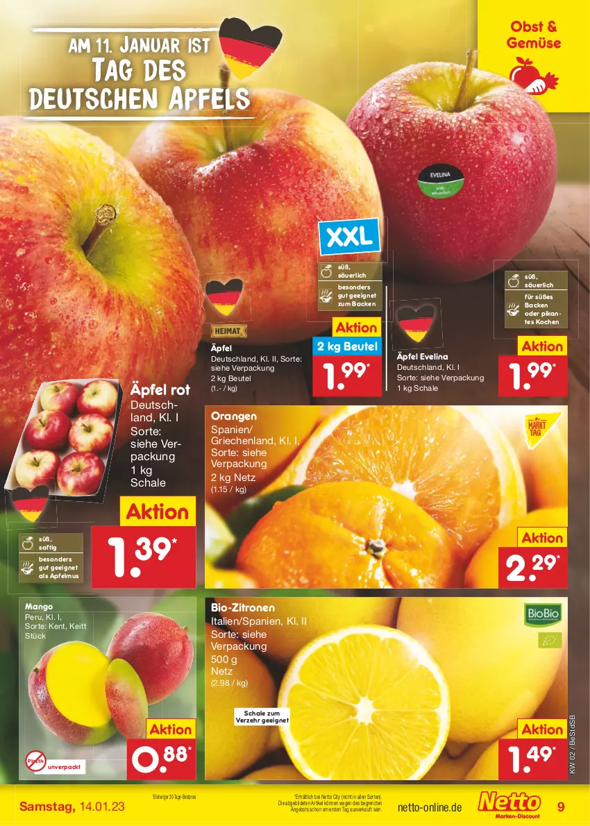 Aktueller Prospekt Netto Marken-Discount - Filial-Angebote - von 09.01 bis 14.01.2023 - strona 9 - produkty: angebot, apfel, apfelmus, asti, bestpreis, beutel, bio, bio-zitronen, eis, mango, obst, orange, orangen, reis, saft, Schal, Schale, Ti, zitrone, zitronen, ZTE