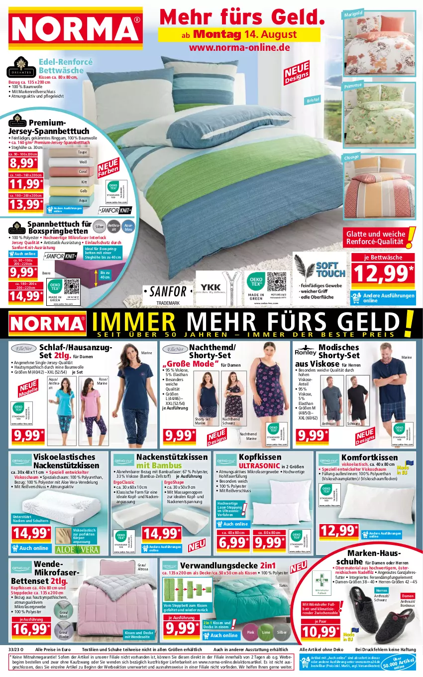 Aktueller Prospekt Norma - Norma - von 14.08 bis 21.08.2023 - strona 1 - produkty: aloe vera, Anzug, aqua, asti, bambus, Bau, baumwolle, Bebe, beere, bett, Betten, Betttuch, bettwäsche, boxspringbett, Coral, decke, eis, elle, flieder, gin, Hausschuhe, hemd, hohenstein, jersey-spannbetttuch, kissen, kopfkissen, latte, LG, mikrofaser, mint, Mode, Nachthemd, nackenstützkissen, ndk, reine baumwolle, reis, Ria, ring, schuhe, shorty, spannbetttuch, Spezi, steppbett, Steppdecke, Ti, tisch, tuc, WICK, wolle