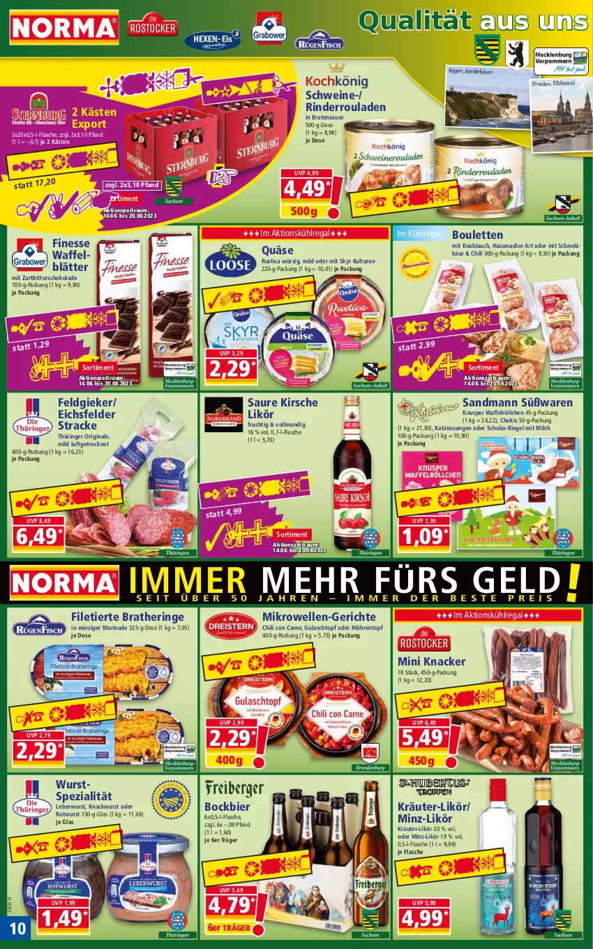 Aktueller Prospekt Norma - Norma - von 14.08 bis 21.08.2023 - strona 10 - produkty: bier, braten, Bratheringe, chili, elle, filet, Filetierte Bratheringe, finesse, flasche, frucht, gin, gulasch, Hausmacher, hering, Käse, kirsch, kirsche, knacker, knoblauch, kräuter, Kreide, kühlregal, leberwurst, likör, lorenz, mac, marinade, mikrowelle, milch, mit knoblauch, möhren, quäse, regal, riegel, rind, rinder, Rinderroulade, rinderrouladen, ring, Rotwurst, rouladen, sauce, Schmelzkäse, schoko, schokolade, schwein, schweine, Skyr, Spezi, Ti, topf, Waffelröllchen, wein, weine, wurst, Zartbitterschokolade