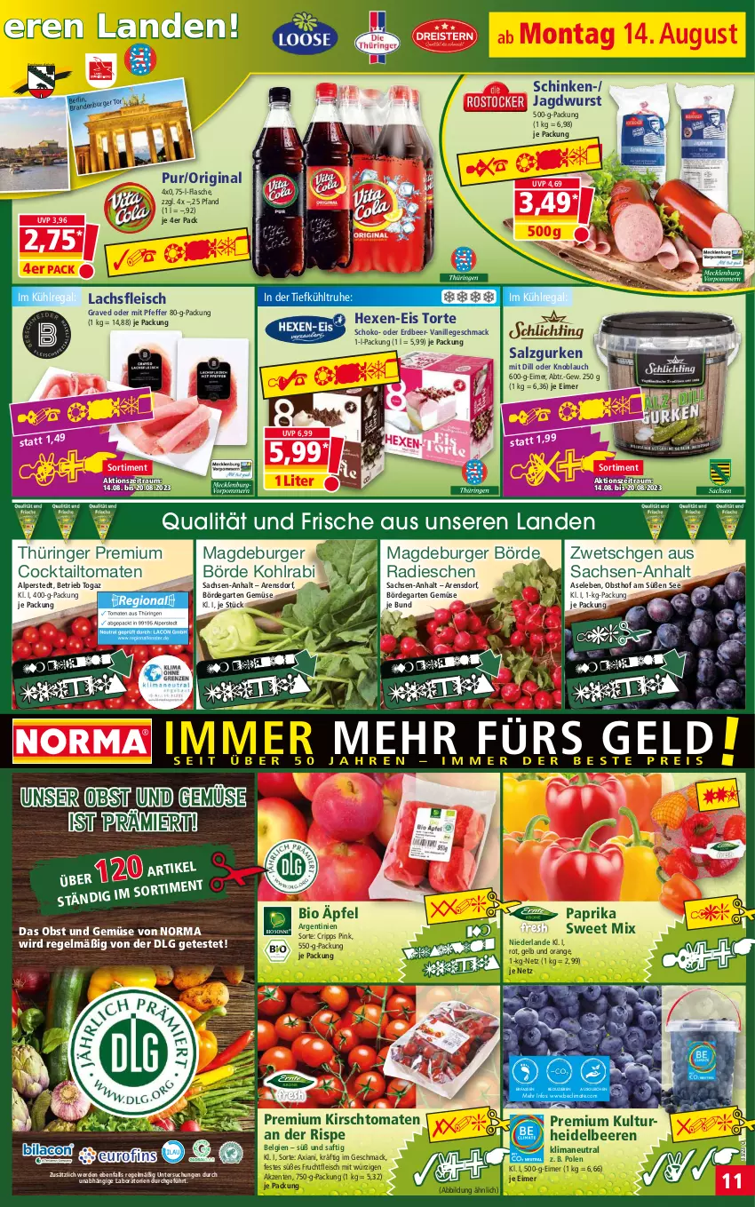 Aktueller Prospekt Norma - Norma - von 14.08 bis 21.08.2023 - strona 11 - produkty: beere, beeren, bio, burger, cocktail, eimer, eis, elle, ente, erde, flasche, fleisch, frucht, fruchtfleisch, Garten, gin, gurke, gurken, heidelbeere, heidelbeeren, jagdwurst, kirsch, kohlrabi, kühlregal, lachs, LG, mac, obst, Obst und Gemüse, orange, paprika, pfeffer, radieschen, regal, reis, ring, sac, saft, salz, schinken, schoko, Ti, tiefpreis, tomate, tomaten, torte, und gemüse, vanille, wurst