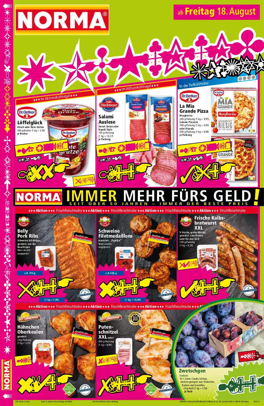 Aktueller Prospekt Norma - Norma - von 14.08 bis 21.08.2023 - strona 16 - produkty: Bau, Becher, braten, bratwurst, eis, filet, fleisch, gewürz, grill, grütze, Kalbsbratwurst, kirsch, korb, lebensmittel, LG, Löffel, margherita, medaillons, natur, paprika, pizza, pute, putenschnitzel, regal, reis, Rote Grütze, salami, schnitzel, schwein, schweine, Ti, wein, weine, wurst