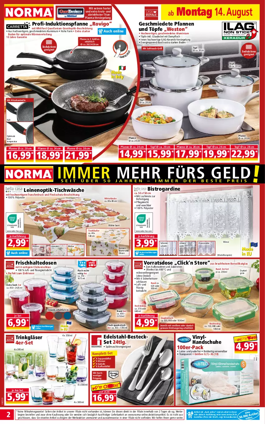 Aktueller Prospekt Norma - Norma - von 14.08 bis 21.08.2023 - strona 2 - produkty: Bebe, besteck, besteckset, blume, brie, decke, Deckel, dell, edelstahl, Edelstahl-Besteck, eis, elle, frischhaltedosen, gabel, gin, Glasdeckel, Gläser, handschuhe, ilag, kaffee, Läufer, lavendel, leine, LG, Löffel, messer, mikrowelle, mitteldecke, Mode, ndk, Ofen, olive, oliven, pfanne, pfannen, quad, reis, ring, rosen, rwe, Schere, schuhe, sonnenblume, Spiele, spülmaschinen, suppe, suppen, Ti, tisch, tischläufer, Tischwäsche, topf