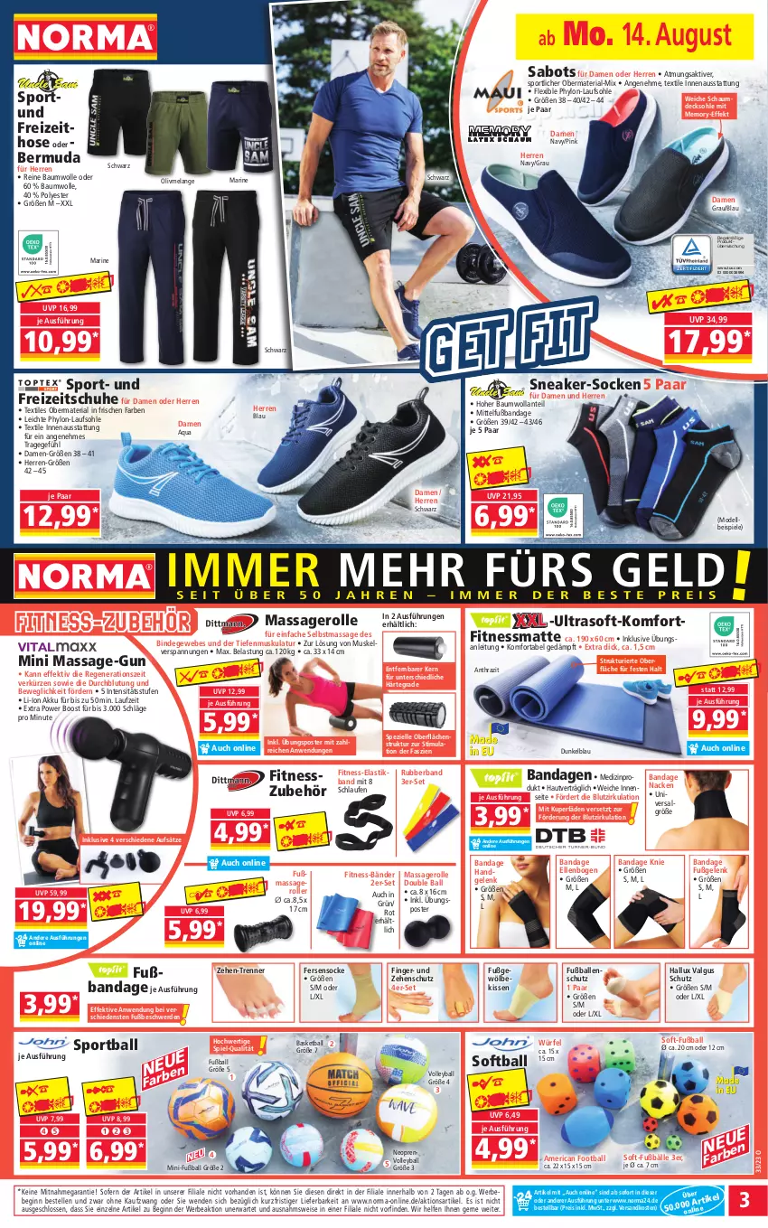 Aktueller Prospekt Norma - Norma - von 14.08 bis 21.08.2023 - strona 3 - produkty: akku, aqua, asti, ball, Bau, baumwolle, Bebe, bermuda, decksohle, dell, eis, Elan, elle, erde, Freizeitschuhe, Fußball, gin, hose, Hylo, kissen, Laufen, LG, Mode, ndk, reine baumwolle, reis, Ria, Roller, Sabots, schuhe, sneaker, socken, Spezi, Spiele, Sport, Ti, wolle, würfel