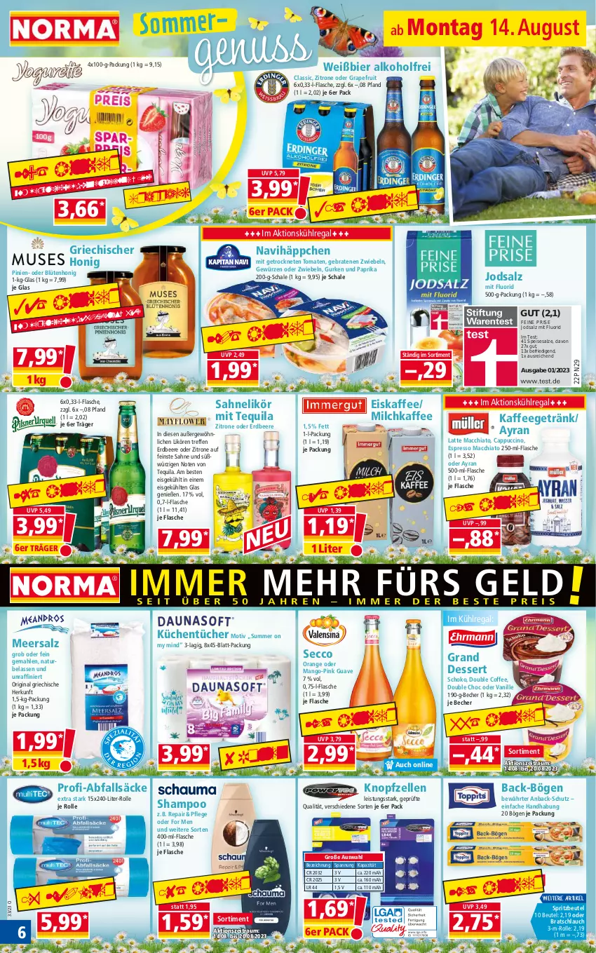 Aktueller Prospekt Norma - Norma - von 14.08 bis 21.08.2023 - strona 6 - produkty: ACC, alkohol, Ayran, Becher, beere, beutel, bier, Blüte, blütenhonig, braten, Cap, cappuccino, chia, cin, dessert, ecco, eis, eiskaffee, elle, erdbeere, espresso, flasche, getränk, gewürz, gin, grapefruit, Guave, gurke, gurken, honig, kaffee, küche, Küchen, küchentücher, kühlregal, latte, latte macchiato, likör, mac, macchiato, mango, meersalz, milch, natur, nuss, orange, paprika, regal, sahne, salz, Schal, Schale, schlauch, schoko, shampoo, tequila, Ti, tomate, tomaten, tücher, vanille, zitrone, zwiebel, zwiebeln