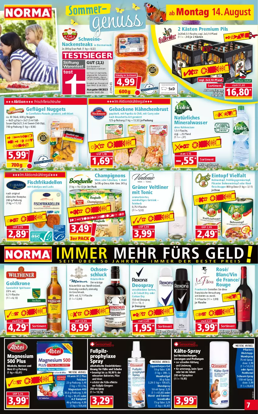 Aktueller Prospekt Norma - Norma - von 14.08 bis 21.08.2023 - strona 7 - produkty: alkohol, Alwa, auer, axe, bier, bohne, bohnen, champignon, champignons, chili, curry, dell, deo, deospray, Desinfektion, dip, eintopf, eis, elle, fisch, flakes, flasche, fleisch, frikadellen, geback, Geflügel, getränk, gewürz, gin, goldkrone, grüner veltliner, hähnchenbrust, kräuter, kräuterlikör, krone, kühlregal, lachs, LG, likör, mac, magnesium, magnesium 400, marinade, mineralwasser, mit paprika, Nackensteak, nackensteaks, natürliches mineralwasser, nuggets, nuss, Panthenol, paprika, pflaster, pils, pilze, premium pils, regal, rel, rezept, rind, rindfleisch, rouge, rwe, schuhe, schwein, schweine, schweinenacken, Spezi, Sport, steak, steaks, suppe, Ti, tonic, topf, vin de france, vita, Vitamin B, wasser, wein, weine