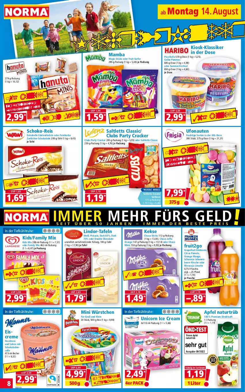 Aktueller Prospekt Norma - Norma - von 14.08 bis 21.08.2023 - strona 8 - produkty: apfel, ball, Becher, beere, citrus, cola, cracker, creme, direktsaft, eis, eiscreme, elle, flasche, frucht, grapefruit, haselnuss, himbeer, himbeere, johannisbeere, keks, kekse, kirsch, kirsche, korn, limette, lindor, mam, mango, maracuja, Mett, milch, natur, nuss, orange, Pomelo, pommes, reis, saft, sahne, saltletts, schoko, schokolade, schokoladen, sesam, Soße, Surf, Ti, vollmilch, würstchen