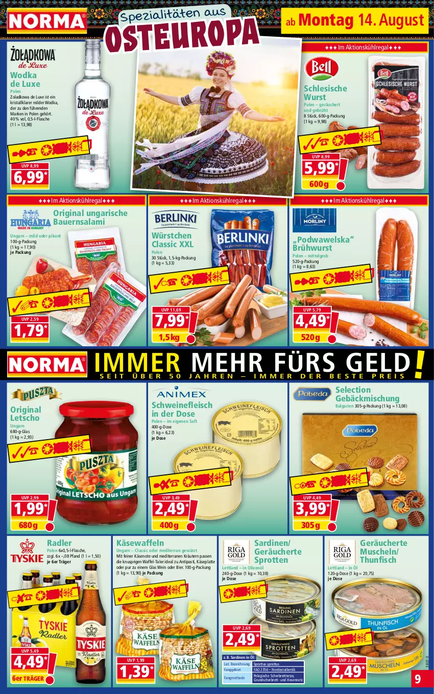 Aktueller Prospekt Norma - Norma - von 14.08 bis 21.08.2023 - strona 9 - produkty: antipasti, asti, auer, Bau, Bauer, bier, Brühwurst, eis, fisch, flasche, fleisch, gebäckmischung, gewürz, gin, hose, hosen, in olivenöl, Käse, kräuter, kräutern, kühlregal, latte, Letscho, LG, Muscheln, olive, oliven, olivenöl, radler, regal, saft, salami, Sardinen, schwein, schweine, schweinefleisch, Spezi, Sprotten, thunfisch, Ti, waffeln, wein, weine, Wels, wodka, wurst, würstchen