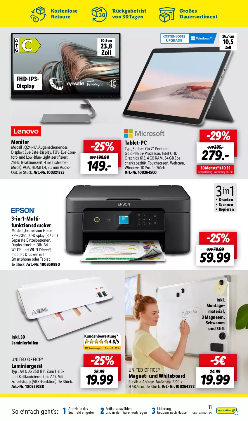 Aktueller Prospekt Lidl - Aktuelle Onlineshop-Highlights - von 01.02 bis 29.02.2024 - strona 11 - produkty: auer, dell, din a4, drucker, HD Graphics, HDMI, Intel, korb, LG, Mode, monitor, multifunktionsdrucker, office, Pentium, Ria, schwamm, smartphone, Surf, tablet, Ti, touchscreen, uhd