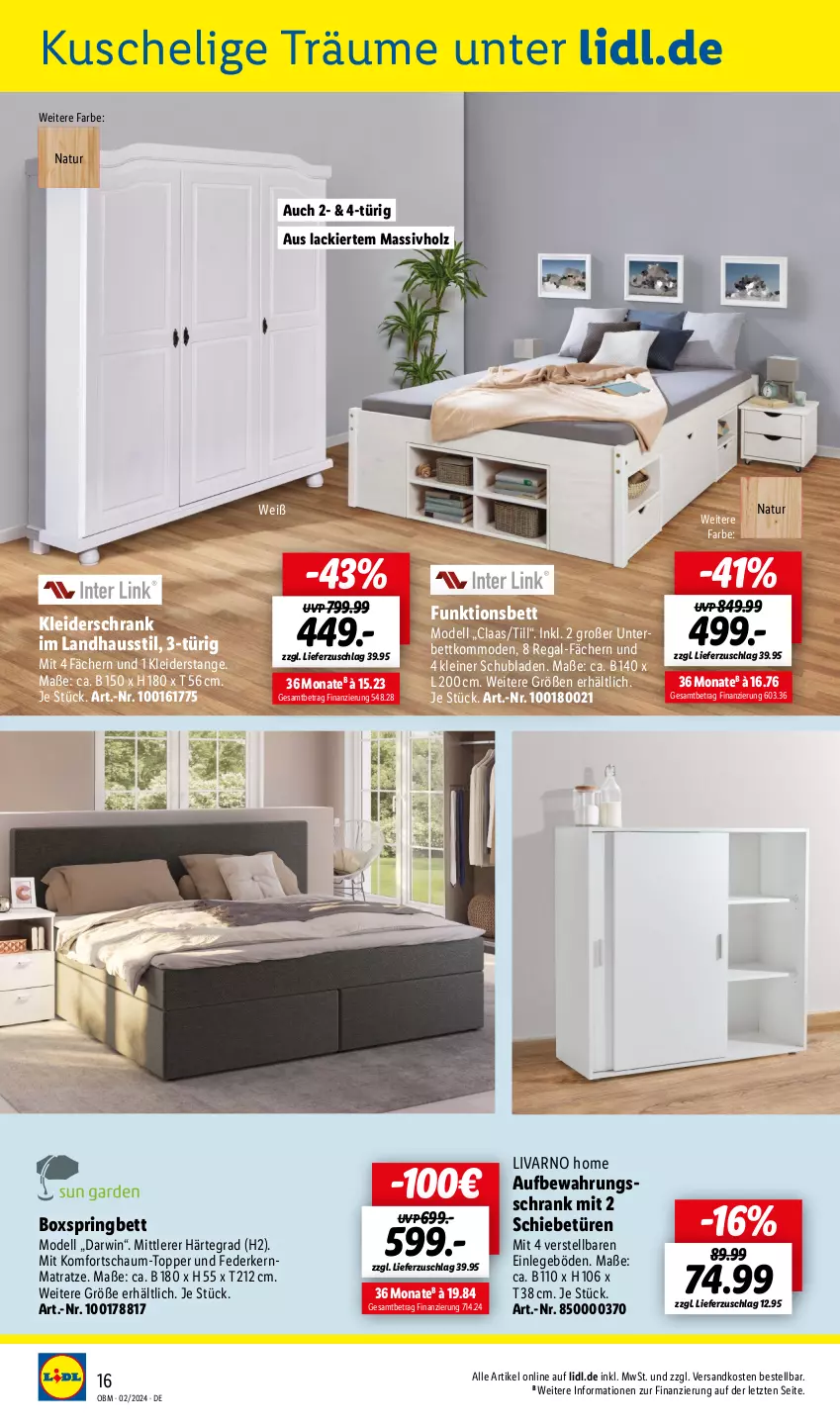 Aktueller Prospekt Lidl - Aktuelle Onlineshop-Highlights - von 01.02 bis 29.02.2024 - strona 16 - produkty: bett, boxspringbett, dell, federkern, federkernmatratze, Holz, kernmatratze, kleid, kleider, kleiderschrank, kommode, lack, leine, massivholz, matratze, Mode, natur, ndk, regal, ring, Schrank, schubladen, Ti, topper, ZTE