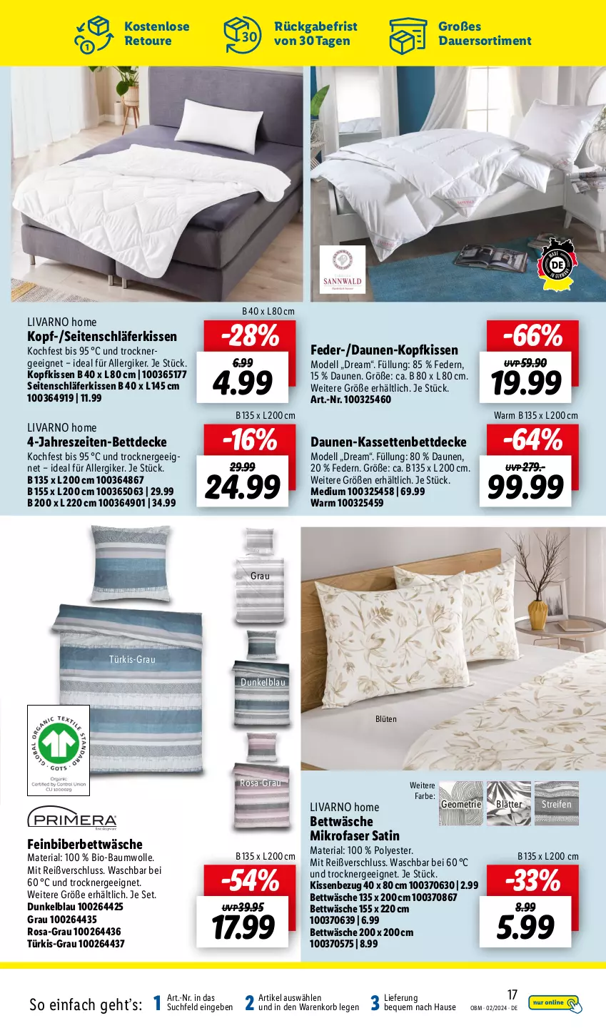 Aktueller Prospekt Lidl - Aktuelle Onlineshop-Highlights - von 01.02 bis 29.02.2024 - strona 17 - produkty: auer, Bau, baumwolle, bett, bettwäsche, bio, bio-baumwolle, Blüte, decke, dell, Ergee, kissen, Kissenbezug, kopfkissen, korb, mikrofaser, Mode, reifen, Ria, Ti, Trockner, wolle