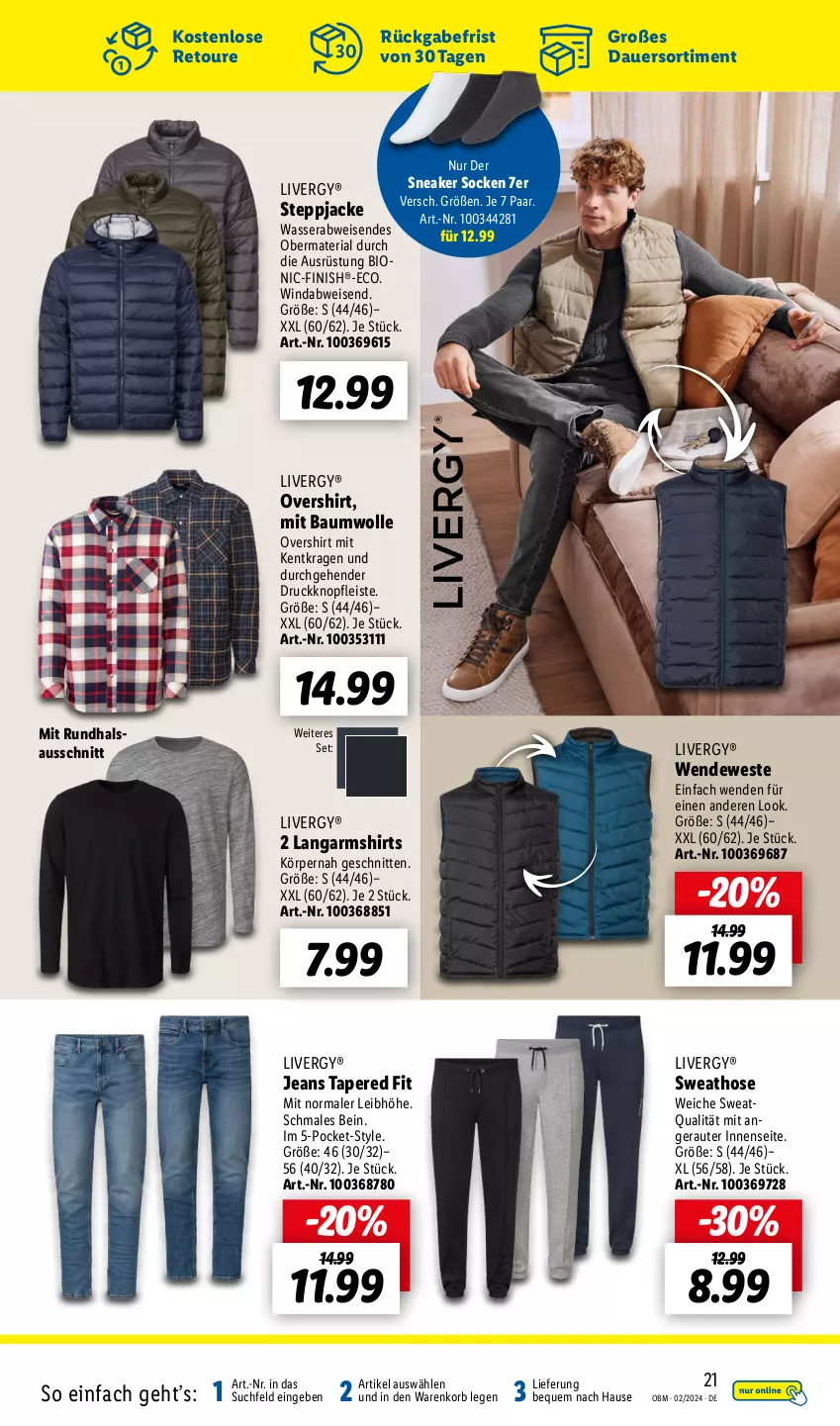 Aktueller Prospekt Lidl - Aktuelle Onlineshop-Highlights - von 01.02 bis 29.02.2024 - strona 21 - produkty: auer, Bau, baumwolle, bio, eis, Finish, hose, Jacke, jeans, korb, Langarmshirt, livergy, Ria, schnitten, shirt, shirts, sneaker, sneaker socken, socken, Steppjacke, Sweathose, Ti, wasser, Weste, wolle