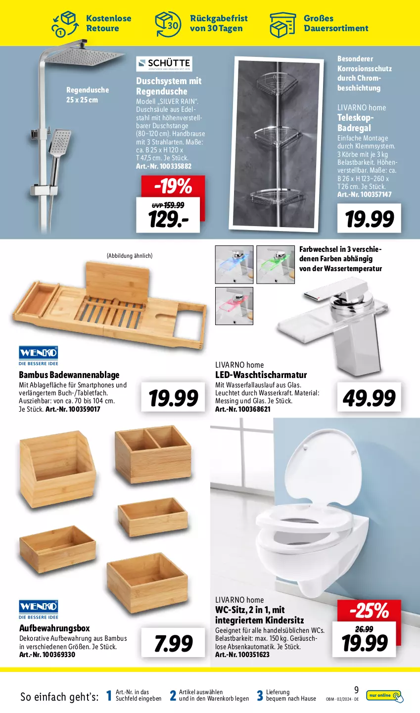 Aktueller Prospekt Lidl - Aktuelle Onlineshop-Highlights - von 01.02 bis 29.02.2024 - strona 9 - produkty: armatur, auer, aufbewahrungsbox, auto, Bad, Badewanne, Badregal, bambus, brause, buch, dell, dusche, Duschsäule, edelstahl, handbrause, Kinder, Kindersitz, korb, kraft, Leuchte, Mode, regal, Ria, smartphone, smartphones, tablet, Teleskop, Ti, tisch, Wanne, waschtisch, waschtischarmatur, wasser, wc-sitz