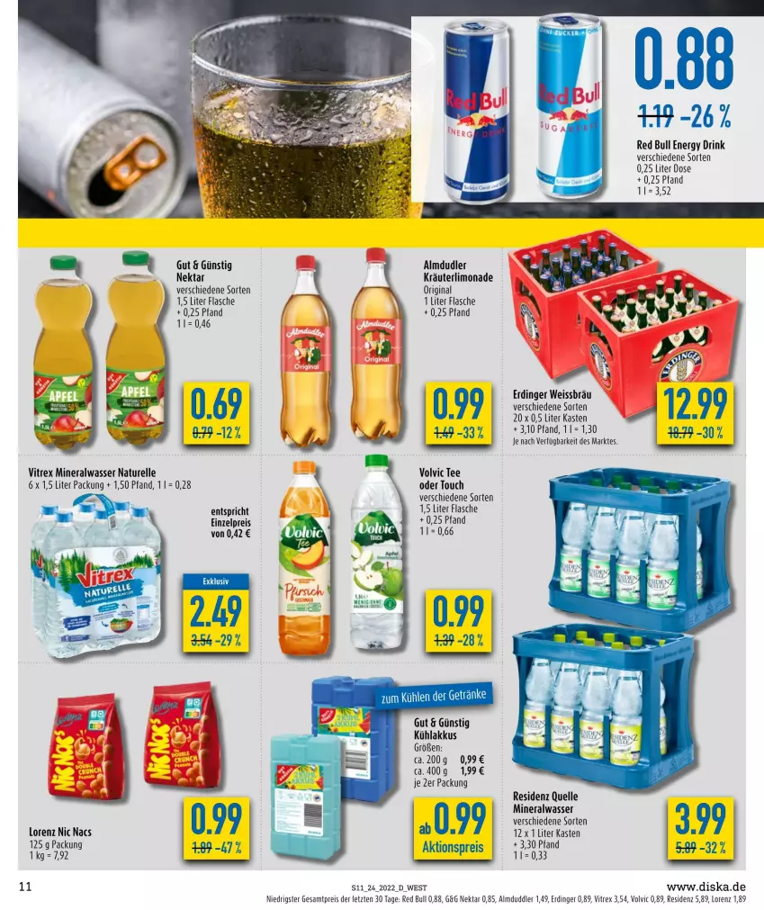 Aktueller Prospekt Diska - Prospekte - von 13.06 bis 18.06.2022 - strona 11 - produkty: akku, aktionspreis, almdudler, Alwa, drink, eis, elle, energy drink, erdinger, flasche, gin, kräuter, kühlakku, kühlakkus, limo, limonade, lorenz, mineralwasser, natur, Nektar, red bull, reis, rel, tee, Ti, vitrex, volvic, wasser, ZTE