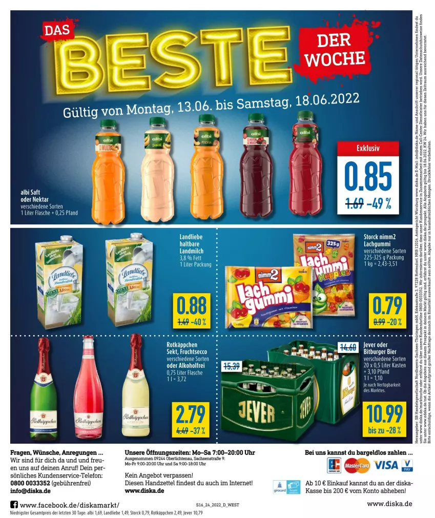 Aktueller Prospekt Diska - Prospekte - von 13.06 bis 18.06.2022 - strona 16 - produkty: alkohol, angebot, angebote, Astra, bier, bitburger, burger, deka, eis, ente, flasche, jever, landliebe, nimm2, reis, Ria, ring, rotkäppchen, sac, storck, tee, telefon, Ti, uhr, ZTE