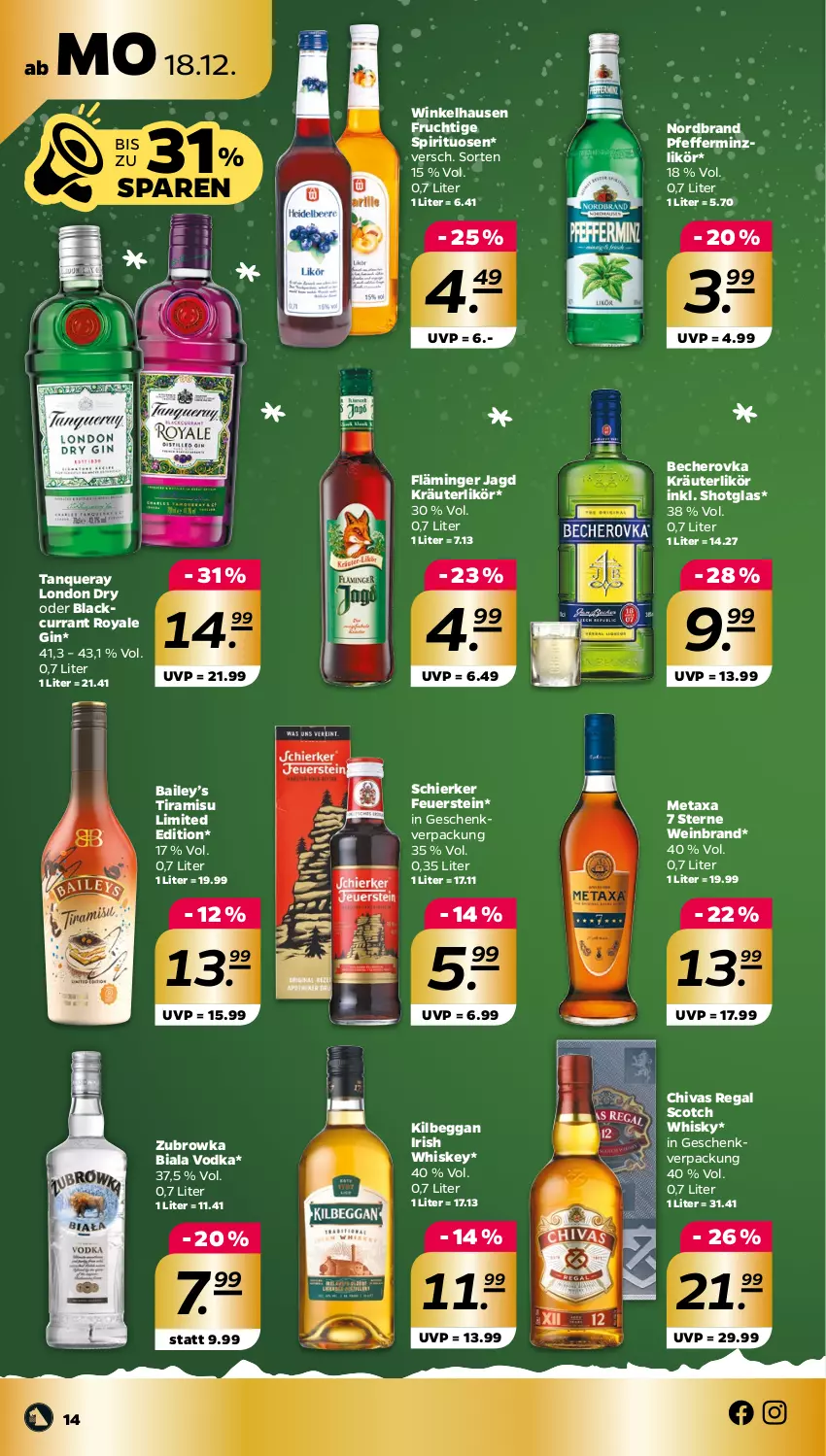 Aktueller Prospekt Netto - Woche 51 - von 18.12 bis 23.12.2023 - strona 14 - produkty: Becher, Becherovka, Currant, frucht, gin, hero, irish whiskey, kilbeggan, kräuter, kräuterlikör, lack, likör, london dry, Metaxa, nordbrand, pfeffer, pfefferminzlikör, regal, scotch, scotch whisky, Shotglas, spirituosen, Tanqueray, Ti, tiramisu, vodka, wein, weinbrand, whiskey, whisky, winkelhausen