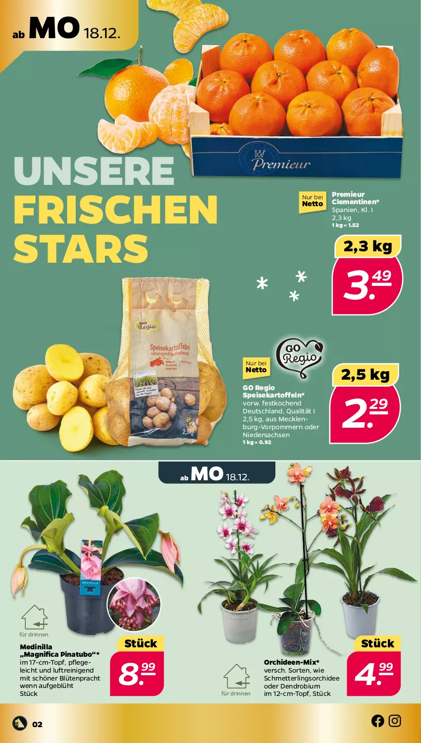 Aktueller Prospekt Netto - Woche 51 - von 18.12 bis 23.12.2023 - strona 2 - produkty: Blüte, clementinen, eis, kartoffel, kartoffeln, Mett, orchidee, orchideen, sac, Schmetterling, schmetterlingsorchidee, speisekartoffeln, Ti, topf