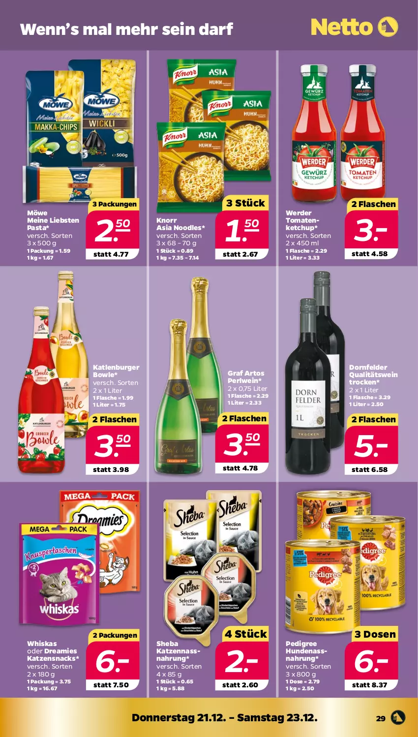 Aktueller Prospekt Netto - Woche 51 - von 18.12 bis 23.12.2023 - strona 29 - produkty: bowle, burger, dornfelder, dreamies, erde, flasche, katlenburger, katzensnack, katzensnacks, ketchup, knorr, Nassnahrung, pasta, pedigree, qualitätswein, sheba, snack, snacks, tomate, tomaten, tomatenketchup, wein, whiskas