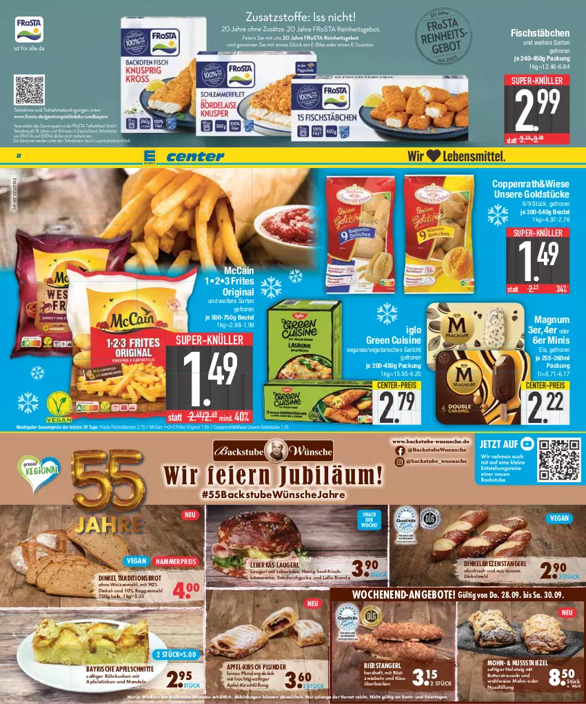 Aktueller Prospekt E Center - Angebote der Woche - von 25.09 bis 30.09.2023 - strona 8 - produkty: angebot, angebote, apfel, beutel, bier, bio, brot, butter, coppenrath, creme, dinkelmehl, eier, eis, ente, fisch, fischstäbchen, frischkäse, frosta, frucht, gin, Goldstücke, gurke, Hefe, honig, Honig-Senf, iglo, Käse, kirsch, kuchen, leberkäs, leberkäse, leine, magnum, mandel, mandeln, mccain, mehl, mit frucht, mit röstzwiebeln, nuss, Ofen, Plunder, reis, röstzwiebeln, saft, sandwich, senf, stube, super-knüller, Ti, Vegeta, weizenmehl, ZTE, zwiebel, zwiebeln