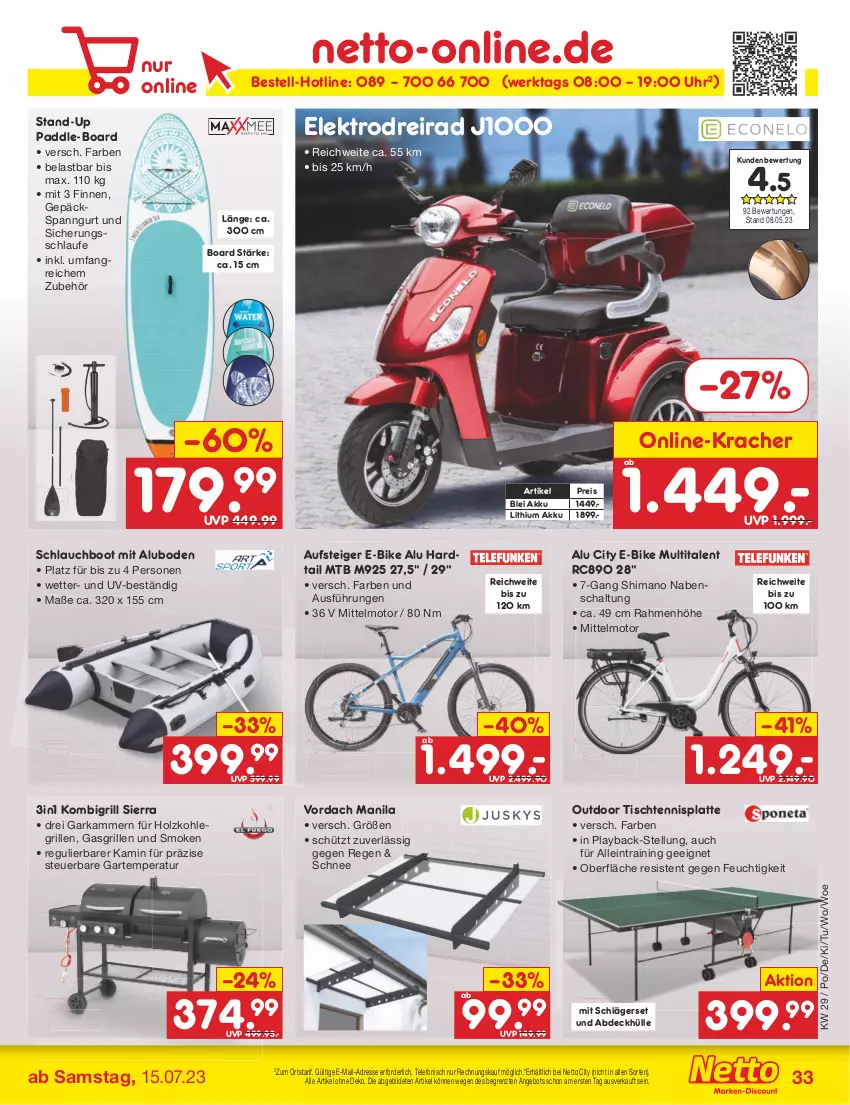 Aktueller Prospekt Netto Marken-Discount - Filial-Angebote - von 17.07 bis 22.07.2023 - strona 33 - produkty: akku, angebot, Dreirad, E-Bike, eis, Elektro, gasgrill, grill, Holz, holzkohle, holzkohlegrill, Kamin, Kohlegrill, kracher, latte, reis, Schal, schlauch, shimano, Sierra, telefon, Ti, tisch, uhr, ZTE