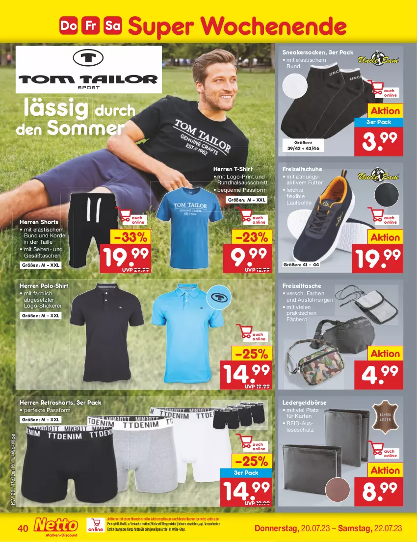 Aktueller Prospekt Netto Marken-Discount - Filial-Angebote - von 17.07 bis 22.07.2023 - strona 40 - produkty: asti, eis, Freizeitschuhe, Geldbörse, ndk, Polo-Shirt, reis, retroshorts, schuhe, shirt, shorts, sneaker, sneakersocken, socken, T-Shirt, Tasche, taschen, Ti, tisch, ZTE