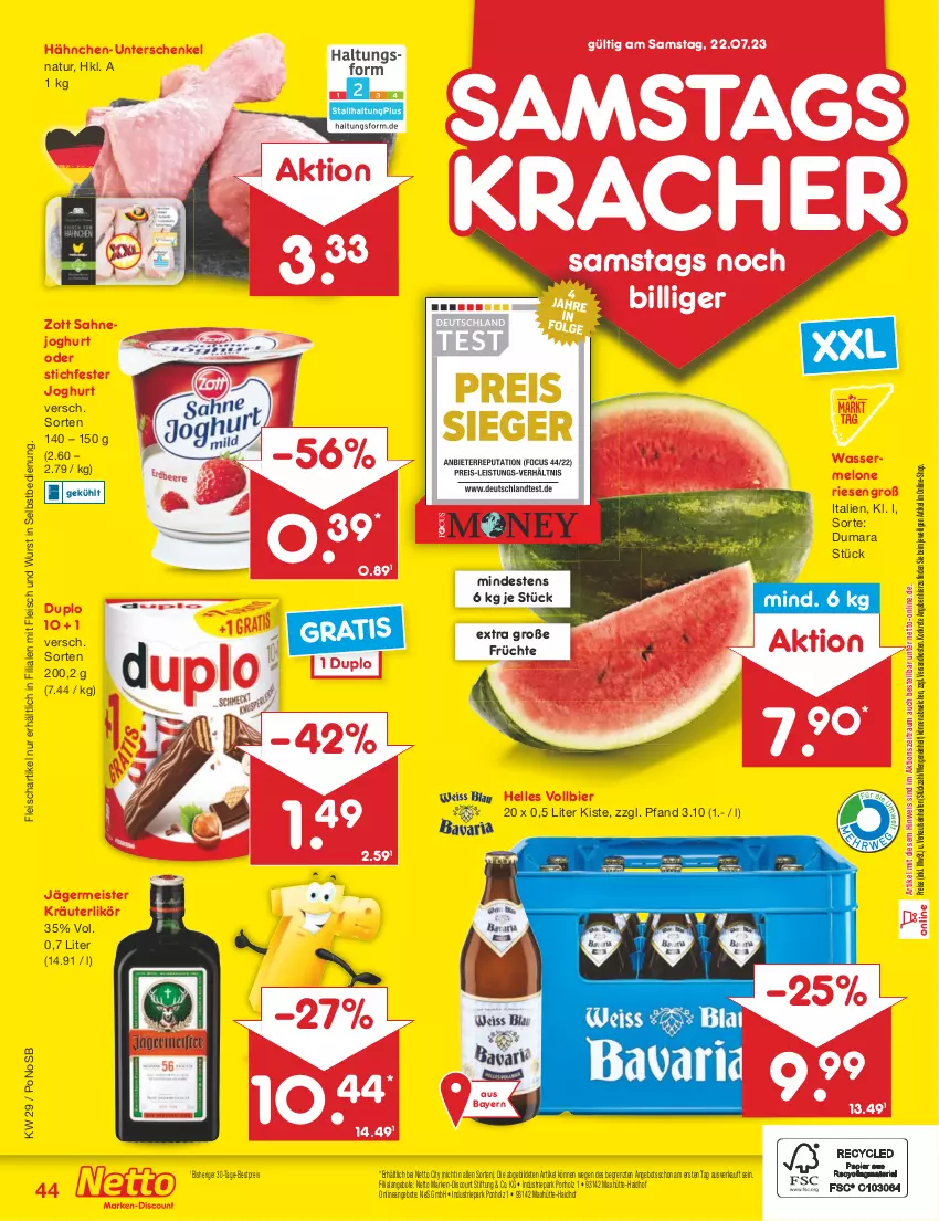 Aktueller Prospekt Netto Marken-Discount - Filial-Angebote - von 17.07 bis 22.07.2023 - strona 44 - produkty: angebot, angebote, bestpreis, bier, discount, duplo, eis, elle, fleisch, früchte, Germ, henkel, Holz, jägermeister, joghur, joghurt, kracher, kräuter, kräuterlikör, likör, marken-discount, Meister, melone, natur, ndk, reis, sahne, Sahnejoghurt, schenkel, Ti, wasser, wassermelone, wurst, wurst in selbstbedienung, zott, ZTE