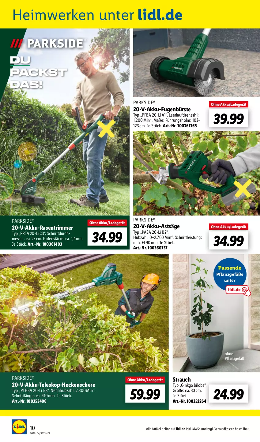 Aktueller Prospekt Lidl - Aktuelle Onlineshop-Highlights - von 01.04 bis 30.04.2023 - strona 10 - produkty: akku, bürste, eis, Fugenbürste, gin, Ginkgo Biloba, heckenschere, ladegerät, messer, ndk, Parkside, rasen, rasentrimmer, Rauch, säge, Schere, Teleskop, Ti