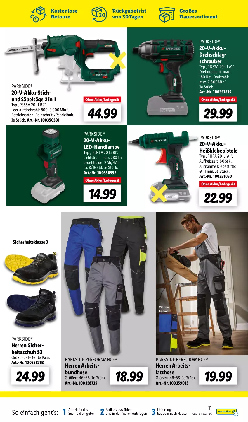 Aktueller Prospekt Lidl - Aktuelle Onlineshop-Highlights - von 01.04 bis 30.04.2023 - strona 11 - produkty: akku, auer, Heißklebepistole, hose, HP, korb, ladegerät, Lampe, Latzhose, Parkside, Säbelsäge, säge, stifte, Ti