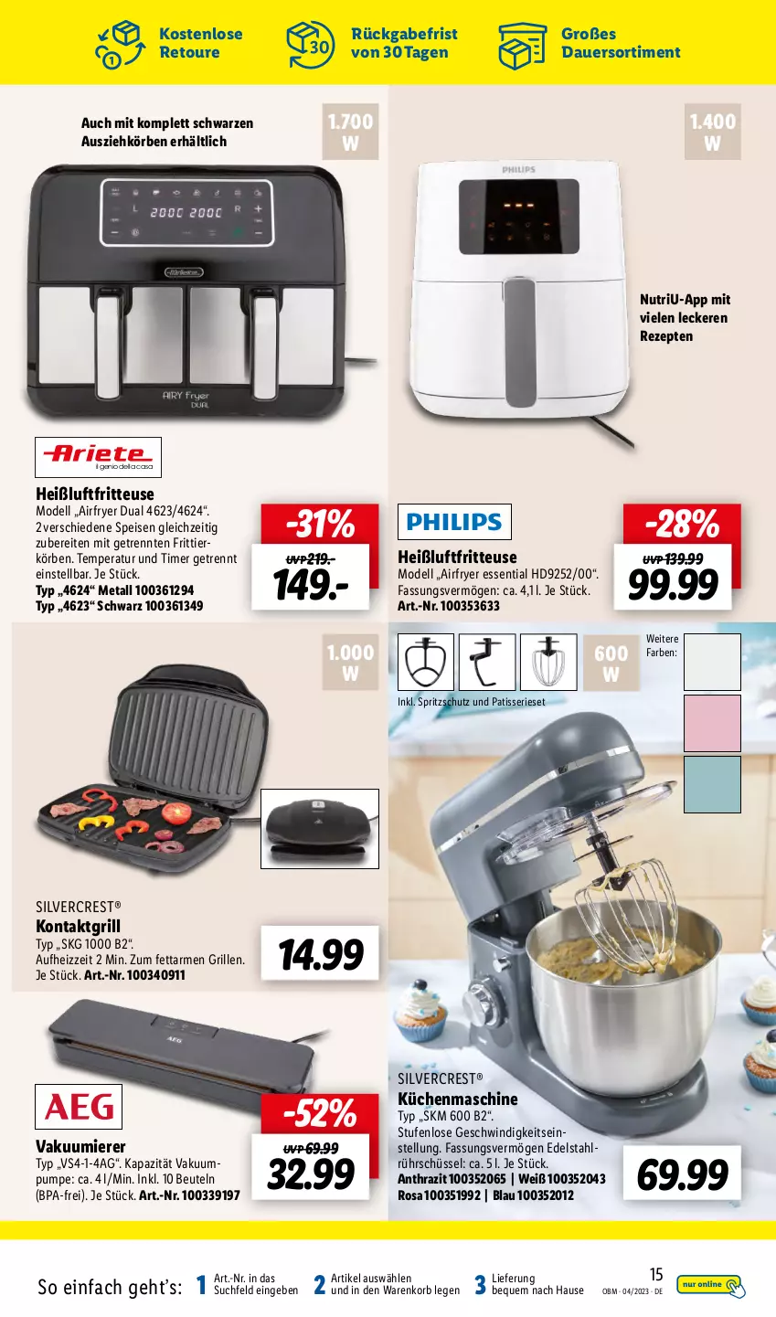 Aktueller Prospekt Lidl - Aktuelle Onlineshop-Highlights - von 01.04 bis 30.04.2023 - strona 15 - produkty: Airfryer, auer, beutel, dell, edelstahl, eis, fritteuse, grill, Heißluftfritteuse, kontaktgrill, korb, küche, Küchen, küchenmaschine, Mode, rezept, rezepte, Rührschüssel, schüssel, silvercrest, Spritzschutz, Ti, timer, Vakuumierer