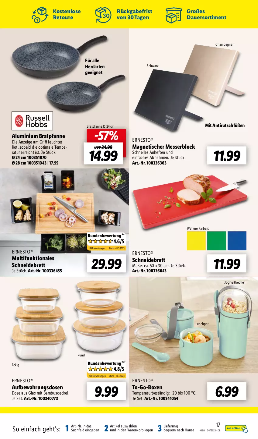 Aktueller Prospekt Lidl - Aktuelle Onlineshop-Highlights - von 01.04 bis 30.04.2023 - strona 17 - produkty: auer, Aufbewahrungsdose, bambus, Becher, bratpfanne, champagne, champagner, decke, Deckel, elle, ernesto, Hefte, herdarten, HP, joghur, joghurt, korb, Leuchte, messer, messerblock, pfanne, schneidebrett, Ti, tisch