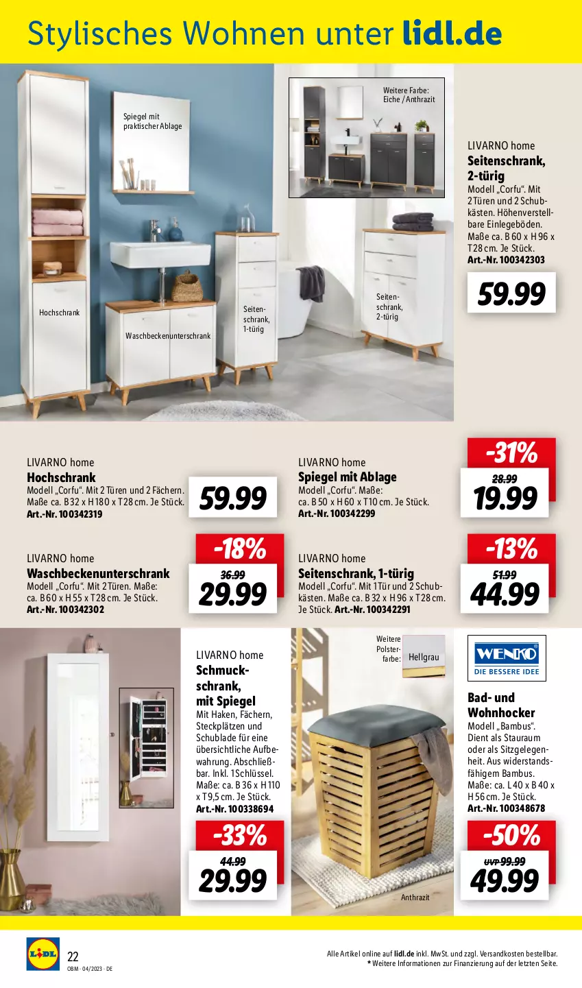 Aktueller Prospekt Lidl - Aktuelle Onlineshop-Highlights - von 01.04 bis 30.04.2023 - strona 22 - produkty: Bad, bambus, Beckenunterschrank, dell, hochschrank, hocker, LG, Mode, ndk, Schmuck, Schrank, Seitenschrank, spiegel, Ti, tisch, unterschrank, waschbecken, waschbeckenunterschrank, ZTE