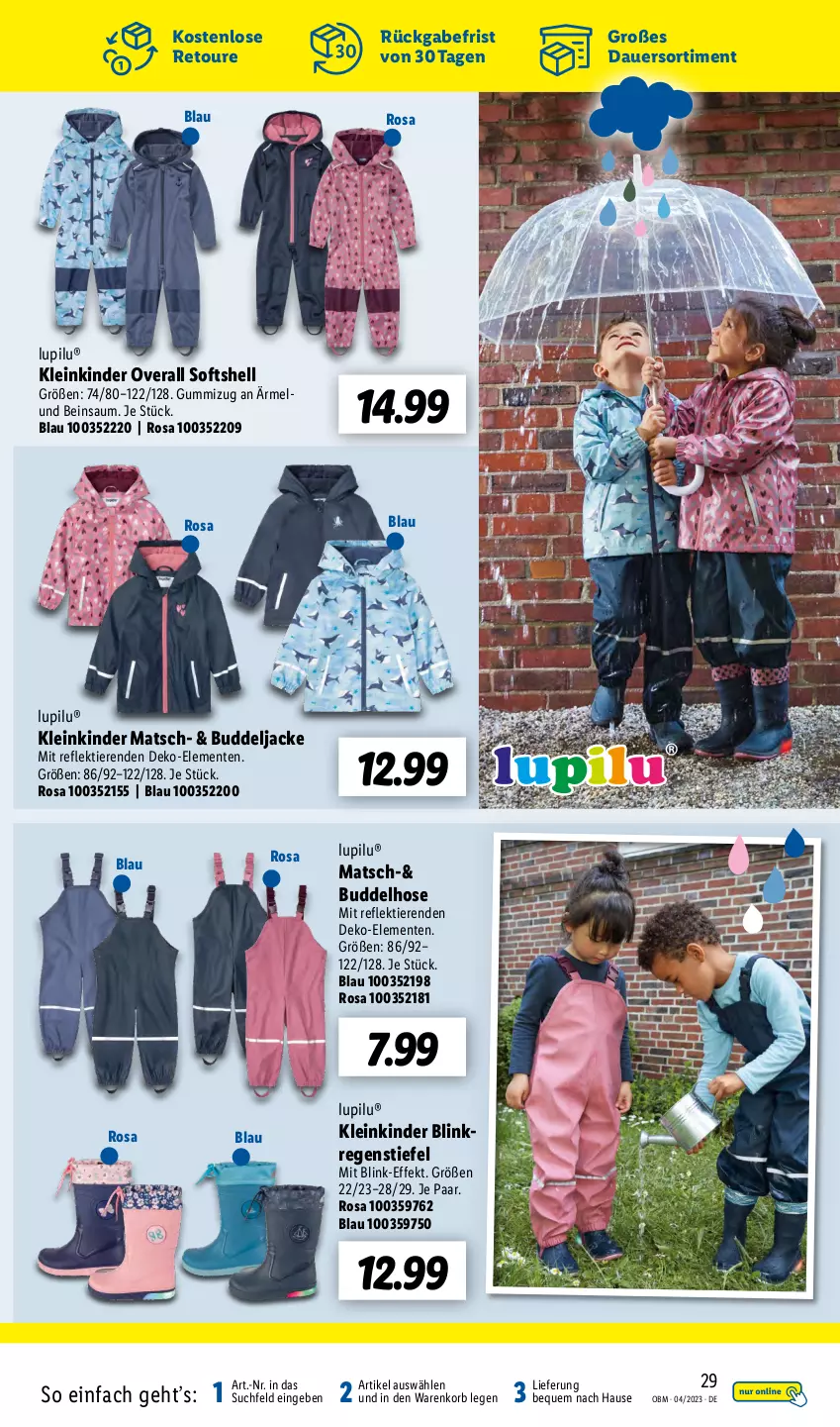 Aktueller Prospekt Lidl - Aktuelle Onlineshop-Highlights - von 01.04 bis 30.04.2023 - strona 29 - produkty: auer, ente, hose, Jacke, Kinder, korb, lupilu, Overall, Ti, Tiere