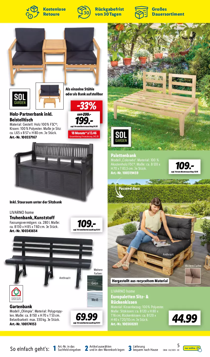 Aktueller Prospekt Lidl - Aktuelle Onlineshop-Highlights - von 01.04 bis 30.04.2023 - strona 5 - produkty: auer, Bank, beistelltisch, dell, eis, Garten, gartenbank, Holz, kissen, Kissenbezug, korb, Mode, ndk, Palette, Ria, Rückenkissen, sitzbank, sitzkissen, Stühl, Ti, tisch