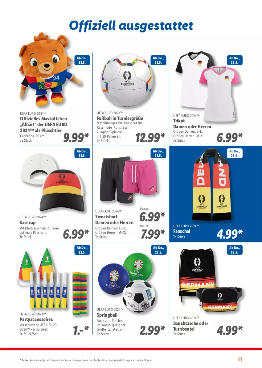 Aktueller Prospekt Lidl - Sommermagazin 2024 - von 13.05 bis 23.06.2024 - strona 11 - produkty: ACC, accessoires, angebot, ball, Bau, beutel, Cap, elle, Fußball, kunstrasen, paneel, Plüsch, rasen, ring, Schal, Spiele, Tasche, Ti, Trikot, wasser, ZTE