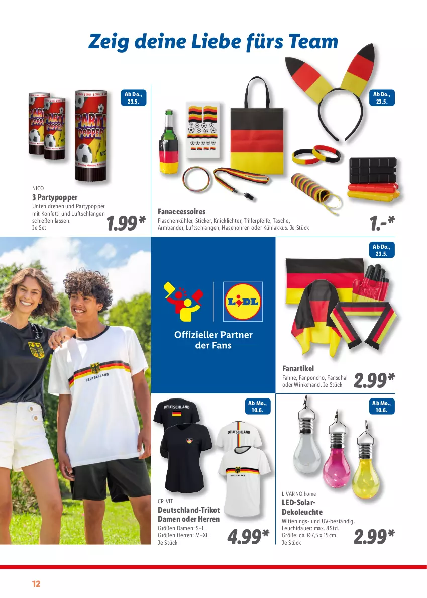 Aktueller Prospekt Lidl - Sommermagazin 2024 - von 13.05 bis 23.06.2024 - strona 12 - produkty: ACC, accessoires, akku, auer, crivit, Dekoleuchte, Fanartikel, flasche, Knicklicht, kühlakku, kühlakkus, Leuchte, Luftschlangen, Popp, Schal, Tasche, Ti, Trikot