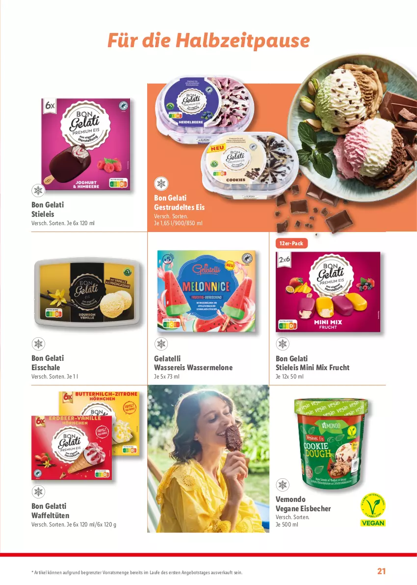 Aktueller Prospekt Lidl - Sommermagazin 2024 - von 13.05 bis 23.06.2024 - strona 21 - produkty: angebot, Becher, Bon Gelati, eis, eisbecher, frucht, Gelatelli, melone, reis, Schal, Schale, stieleis, Strudel, Ti, Tüte, wasser, wassereis, wassermelone, ZTE