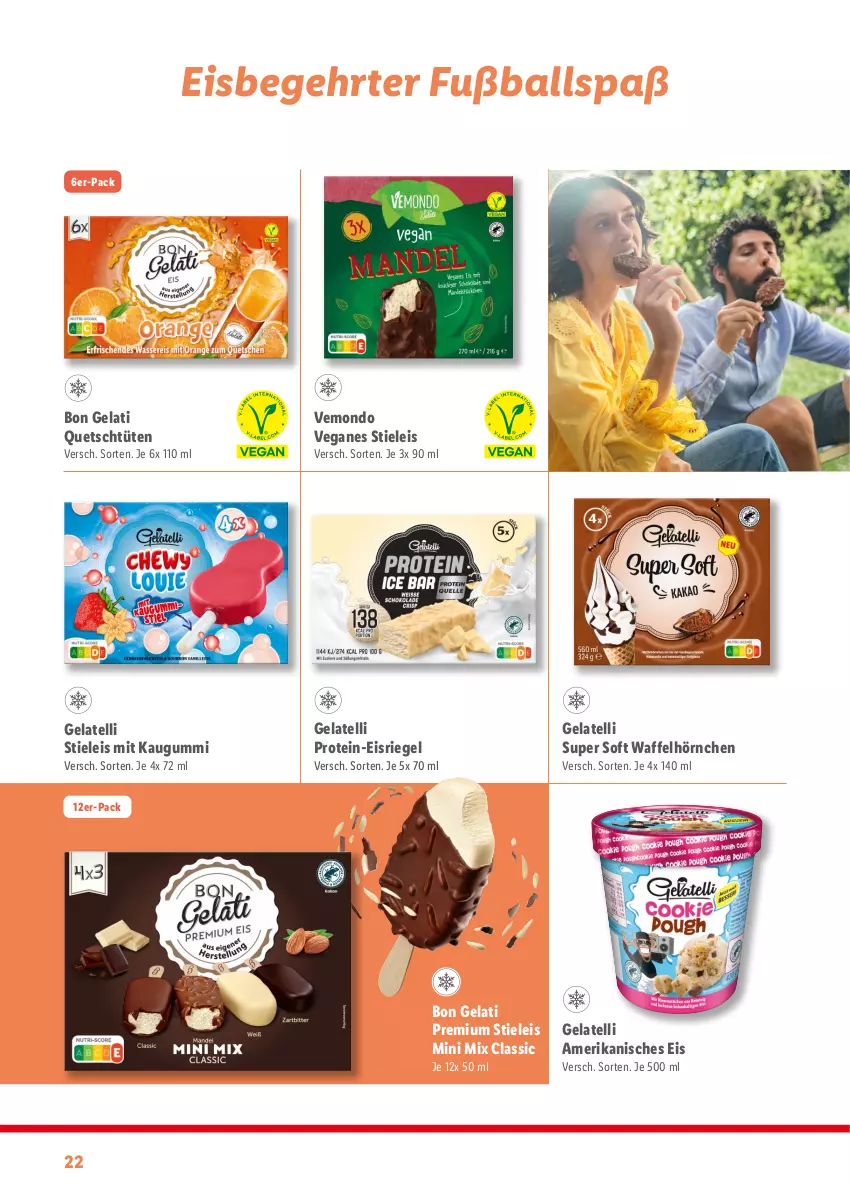 Aktueller Prospekt Lidl - Sommermagazin 2024 - von 13.05 bis 23.06.2024 - strona 22 - produkty: ball, Bon Gelati, eis, Eisriegel, Fußball, Gelatelli, hörnchen, kaugummi, riegel, stieleis, Ti, Tüte, Waffelhörnchen