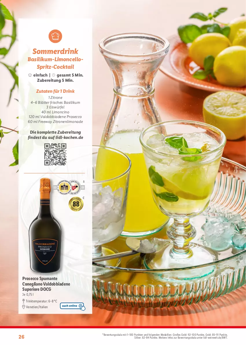 Aktueller Prospekt Lidl - Sommermagazin 2024 - von 13.05 bis 23.06.2024 - strona 26 - produkty: basilikum, cin, cocktail, drink, ecco, eis, eiswürfel, LG, limo, limonade, prosecco, puma, spumante, Ti, valdo, wein, würfel, zitrone, zitronen