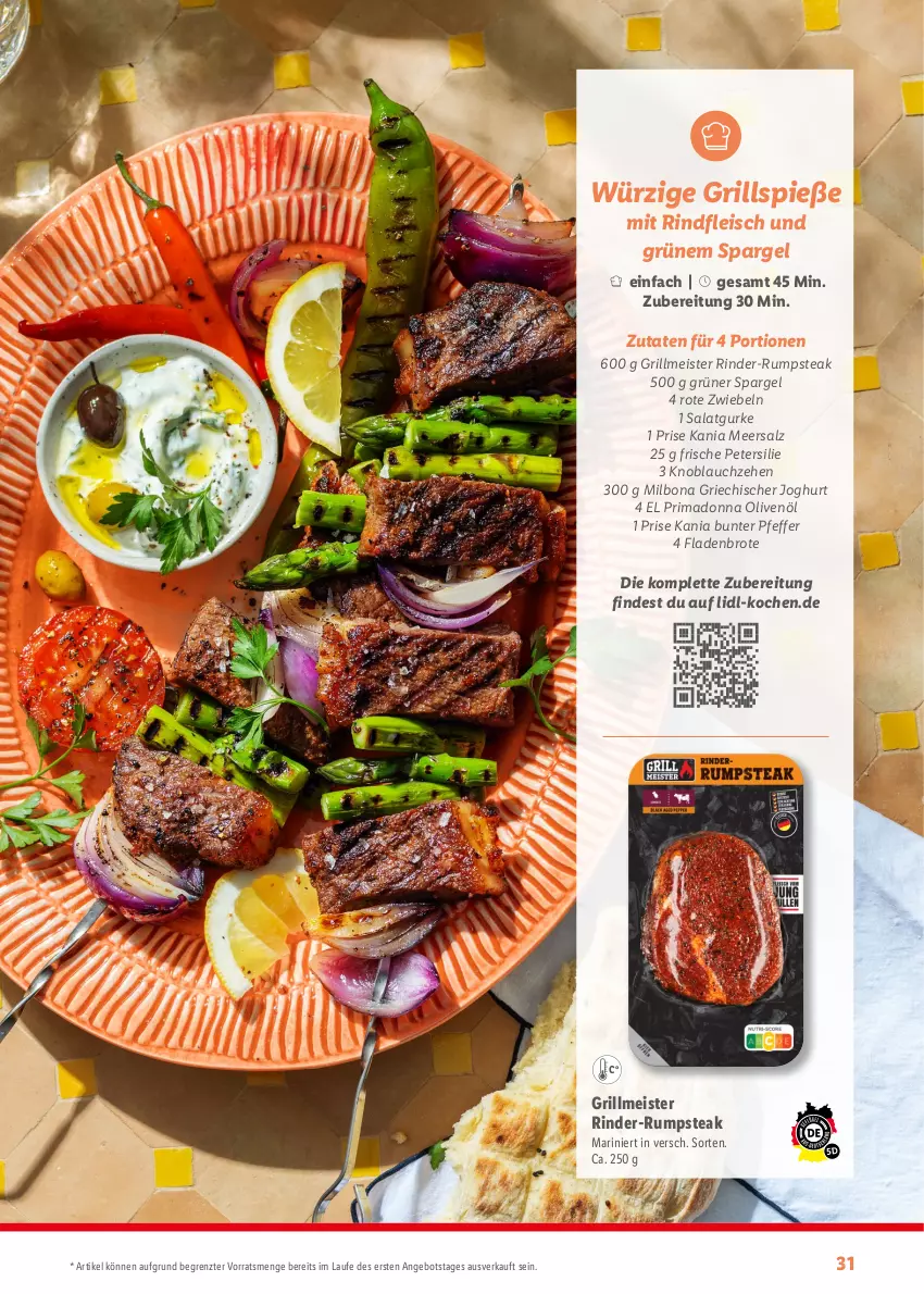 Aktueller Prospekt Lidl - Sommermagazin 2024 - von 13.05 bis 23.06.2024 - strona 31 - produkty: angebot, Bona, brot, eis, Fladenbrot, fleisch, Griechischer Joghurt, grill, Grillspieße, grüner spargel, gurke, joghur, joghurt, knoblauch, meersalz, Meister, Milbona, olive, oliven, olivenöl, petersilie, pfeffer, rind, rinder, rinder-rumpsteak, rindfleisch, Rote Zwiebel, rum, rumpsteak, salat, Salatgurke, salz, spargel, steak, Ti, ZTE, zwiebel, zwiebeln