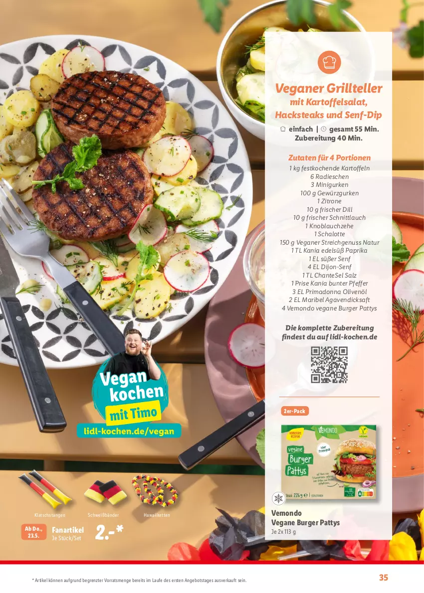 Aktueller Prospekt Lidl - Sommermagazin 2024 - von 13.05 bis 23.06.2024 - strona 35 - produkty: agaven, angebot, burger, dicksaft, dijon-senf, dip, elle, Fanartikel, gewürz, Gewürzgurke, gewürzgurken, grill, Grillteller, gurke, gurken, kartoffel, kartoffeln, kartoffelsalat, Kette, knoblauch, natur, nuss, olive, oliven, olivenöl, paprika, pfeffer, radieschen, saft, salat, salz, Schal, Schalotte, schnittlauch, senf, steak, steaks, teller, Ti, zitrone, ZTE