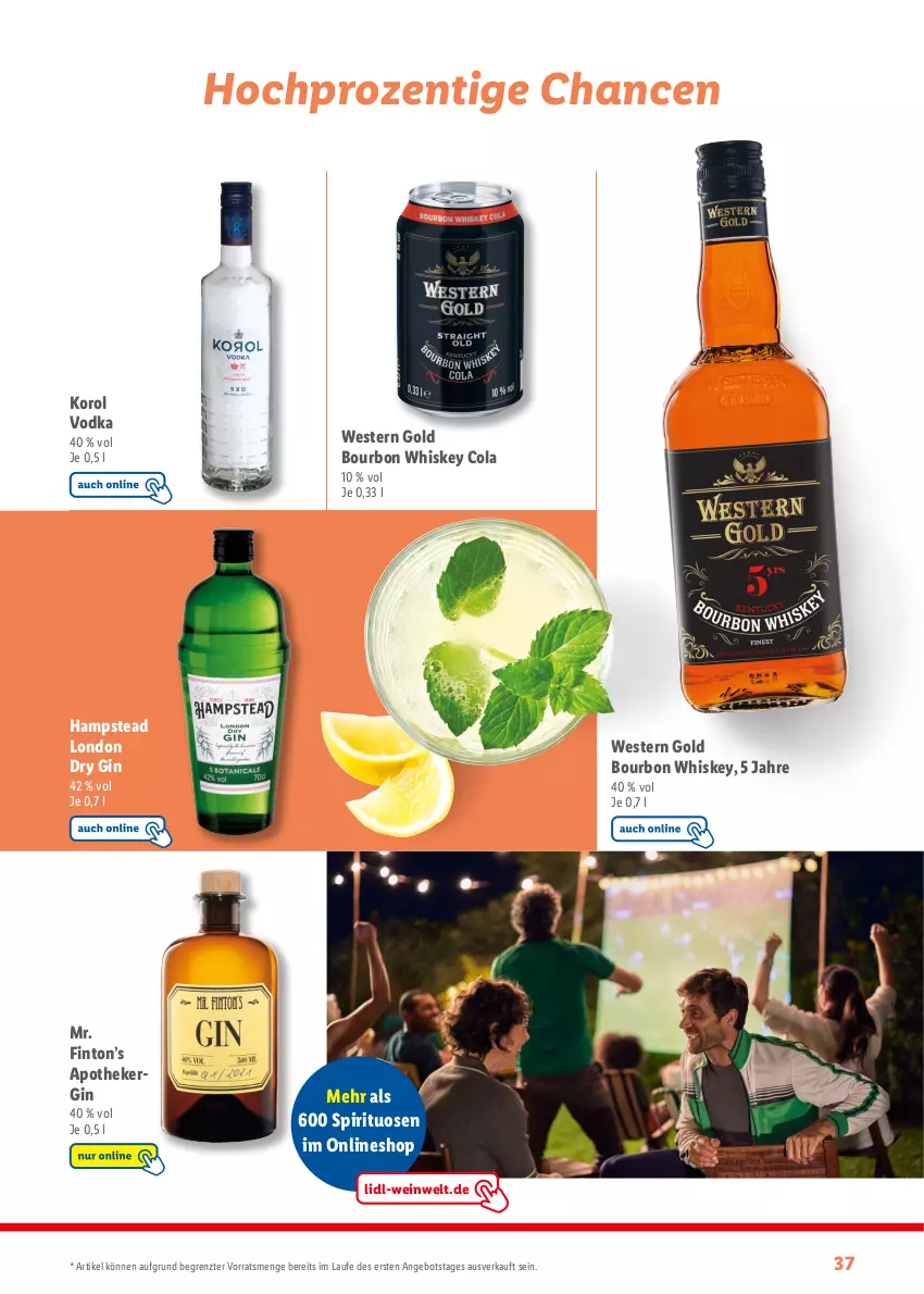 Aktueller Prospekt Lidl - Sommermagazin 2024 - von 13.05 bis 23.06.2024 - strona 37 - produkty: angebot, Apotheke, bourbon, bourbon whiskey, cola, dry gin, gin, HP, london dry, london dry gin, spirituosen, Ti, vodka, wein, Weste, whiskey, ZTE
