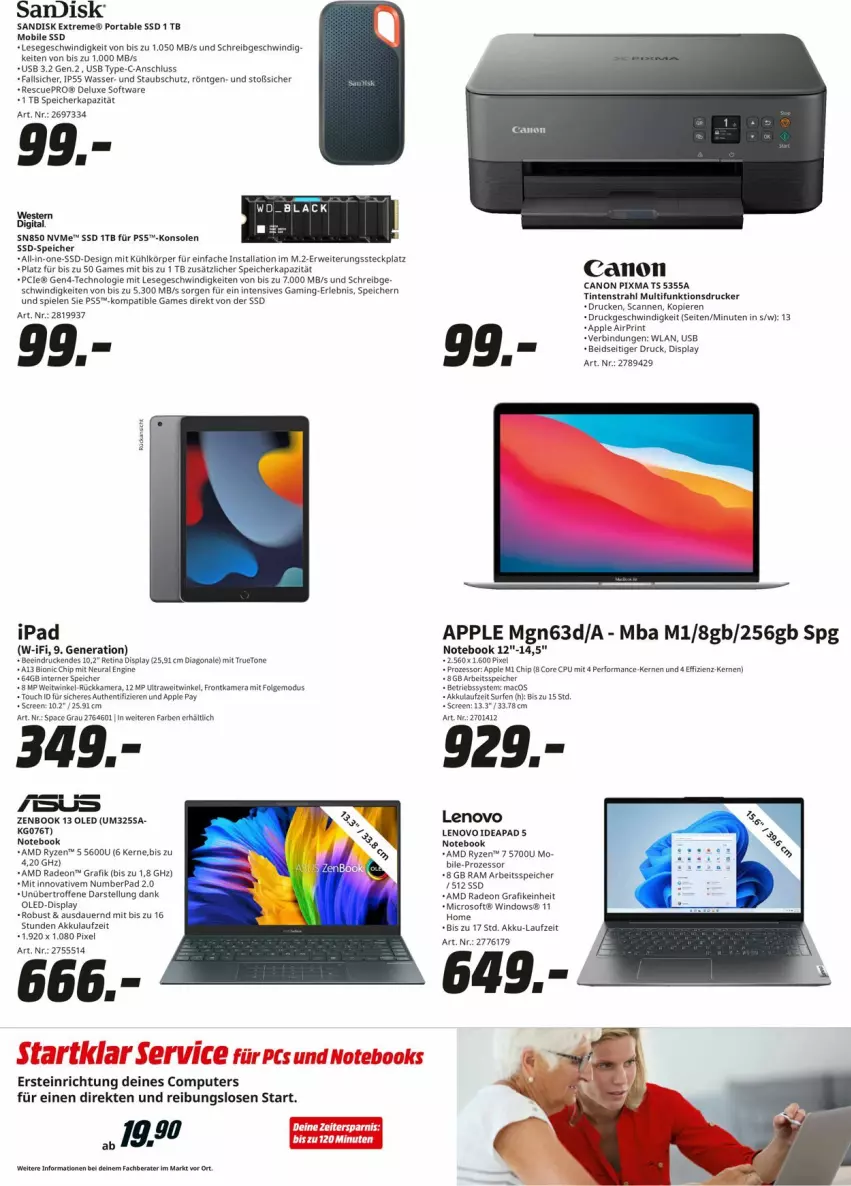 Aktueller Prospekt Media Markt - Prospekte - von 23.03 bis 31.03.2023 - strona 5 - produkty: akku, AMD Radeon, Apple, Betriebssystem, bio, canon, computer, deo, dip, drucker, frontkamera, kamera, lack, lenovo, LG, mac, notebook, pute, radeon, ryzen, sandisk, Software, Spiele, ssd, SSD-Speicher, Ti, usb, wasser, Weste, Western Digital