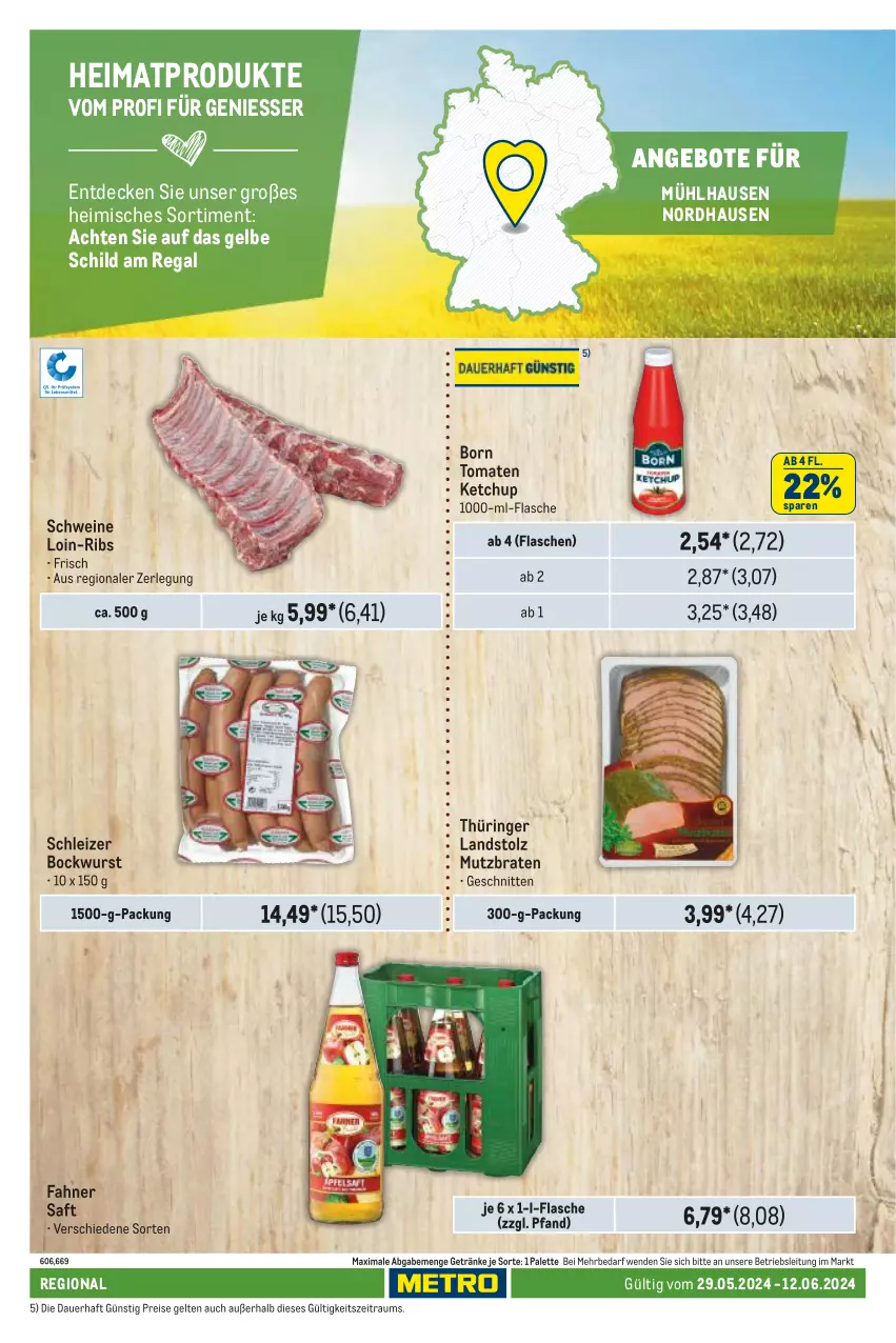 Aktueller Prospekt Metro - Regionaler Adresseinleger - von 29.05 bis 12.06.2024 - strona 100 - produkty: angebot, angebote, auer, bockwurst, braten, decke, eis, flasche, getränk, getränke, ketchup, Palette, regal, reis, ring, saft, schnitten, schwein, schweine, Ti, tomate, tomaten, tomaten ketchup, wein, weine, wurst