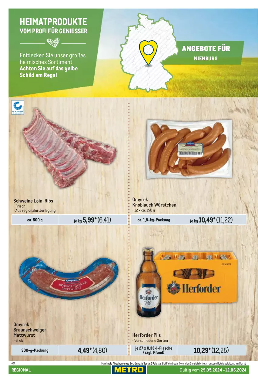 Aktueller Prospekt Metro - Regionaler Adresseinleger - von 29.05 bis 12.06.2024 - strona 12 - produkty: angebot, angebote, braun, decke, flasche, getränk, getränke, knoblauch, Mett, mettwurst, Palette, pils, regal, schwein, schweine, Ti, wein, weine, wurst, würstchen