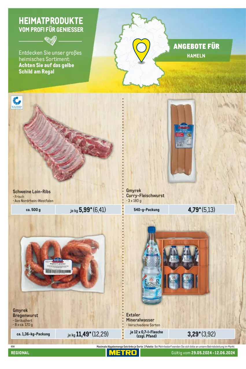 Aktueller Prospekt Metro - Regionaler Adresseinleger - von 29.05 bis 12.06.2024 - strona 18 - produkty: Alwa, angebot, angebote, curry, decke, eis, Extaler, flasche, fleisch, fleischwurst, getränk, getränke, mineralwasser, Palette, regal, schwein, schweine, Ti, wasser, wein, weine, wurst