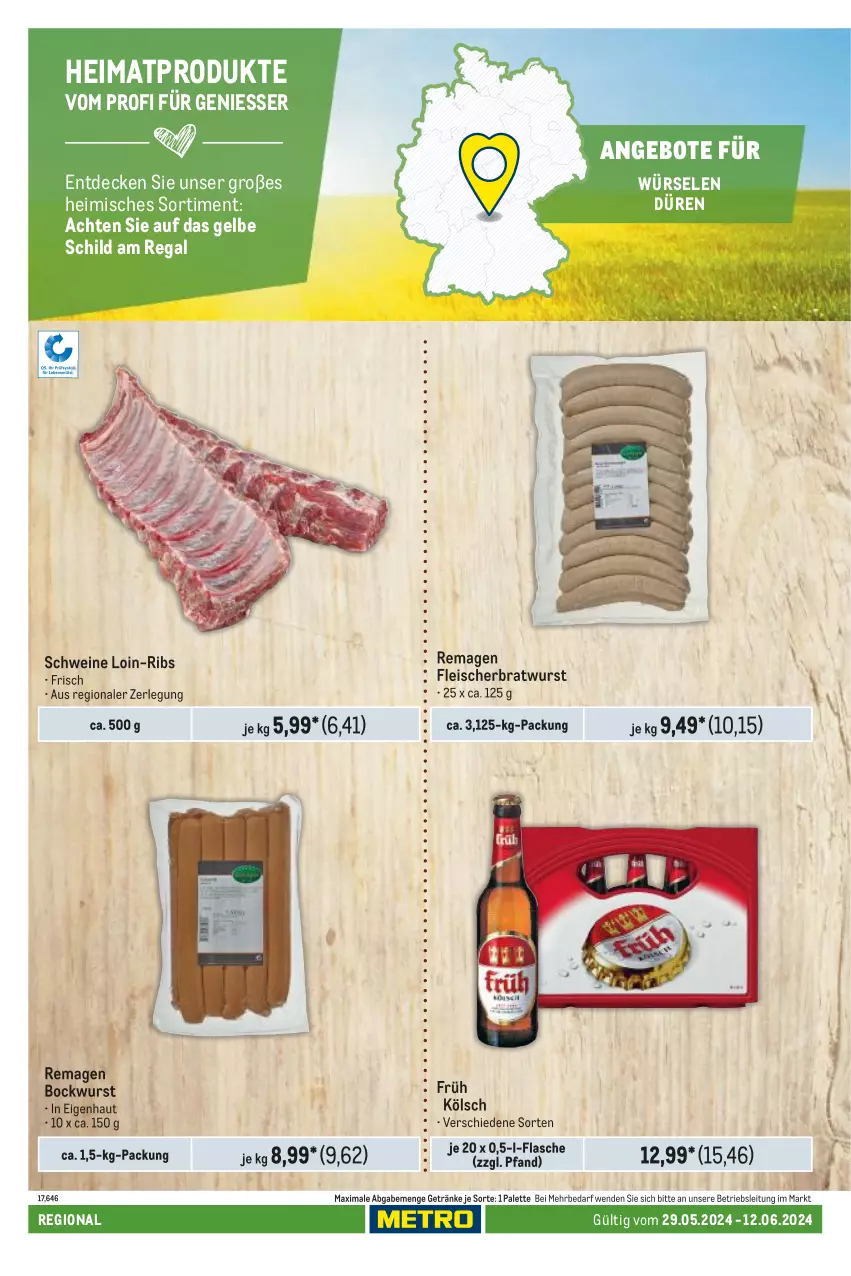 Aktueller Prospekt Metro - Regionaler Adresseinleger - von 29.05 bis 12.06.2024 - strona 24 - produkty: angebot, angebote, bockwurst, bratwurst, decke, eis, flasche, fleisch, Früh Kölsch, getränk, getränke, Palette, regal, schwein, schweine, Ti, wein, weine, wurst