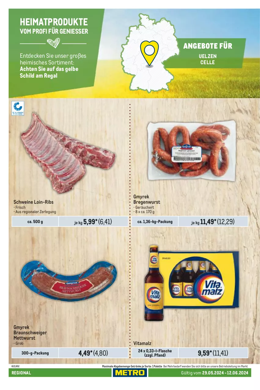 Aktueller Prospekt Metro - Regionaler Adresseinleger - von 29.05 bis 12.06.2024 - strona 28 - produkty: angebot, angebote, braun, decke, elle, flasche, getränk, getränke, malz, Mett, mettwurst, Palette, regal, schwein, schweine, Ti, vita, vitamalz, wein, weine, wurst