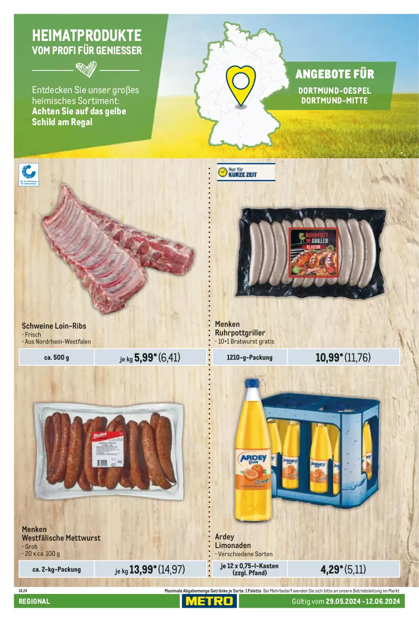 Aktueller Prospekt Metro - Regionaler Adresseinleger - von 29.05 bis 12.06.2024 - strona 34 - produkty: angebot, angebote, bratwurst, decke, getränk, getränke, grill, limo, limonade, limonaden, Mett, mettwurst, Palette, regal, schwein, schweine, Ti, uhr, wein, weine, wurst