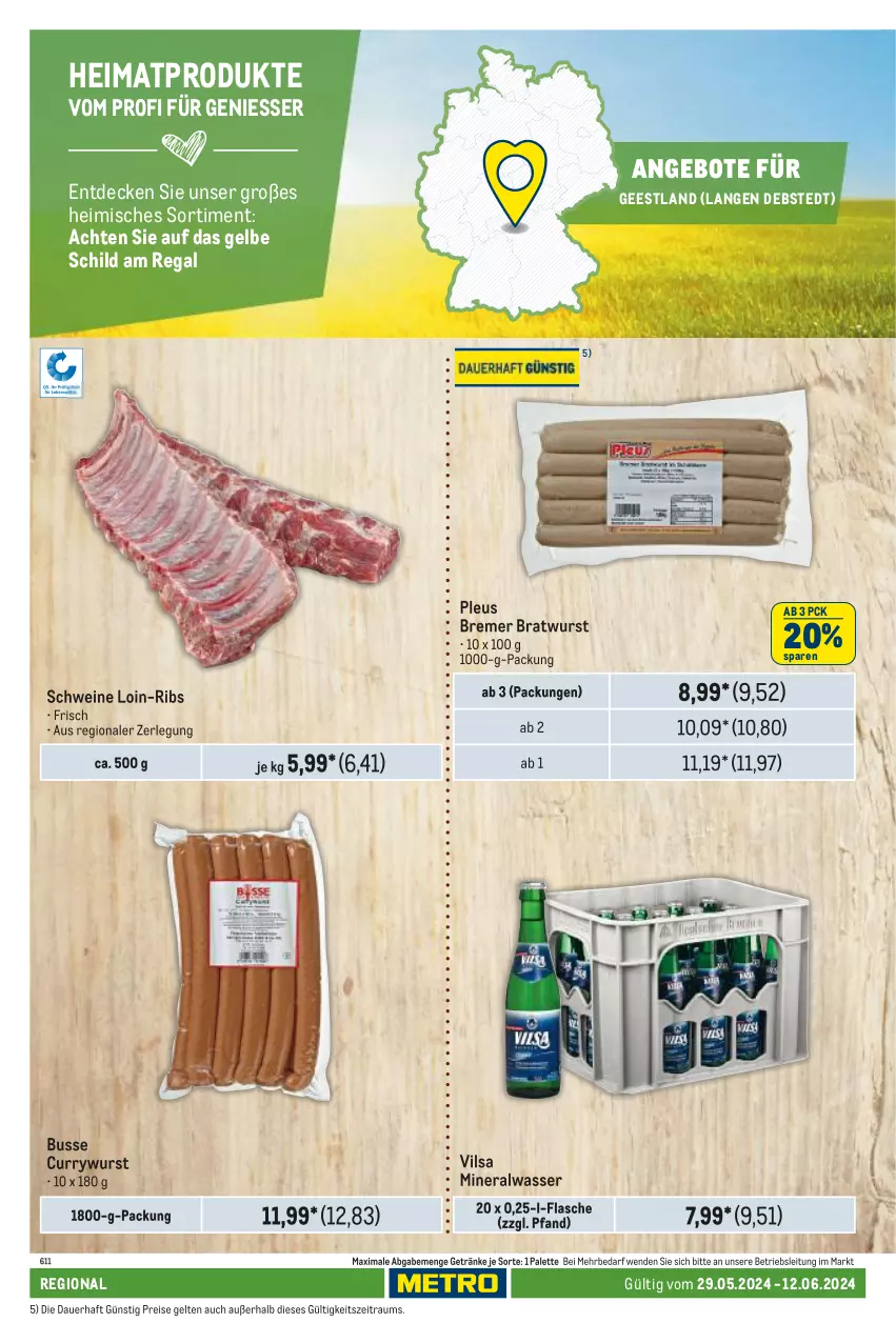 Aktueller Prospekt Metro - Regionaler Adresseinleger - von 29.05 bis 12.06.2024 - strona 46 - produkty: Alwa, angebot, angebote, auer, bratwurst, curry, currywurst, decke, eis, flasche, getränk, getränke, mineralwasser, Palette, regal, reis, schwein, schweine, Ti, vilsa, wasser, wein, weine, wurst